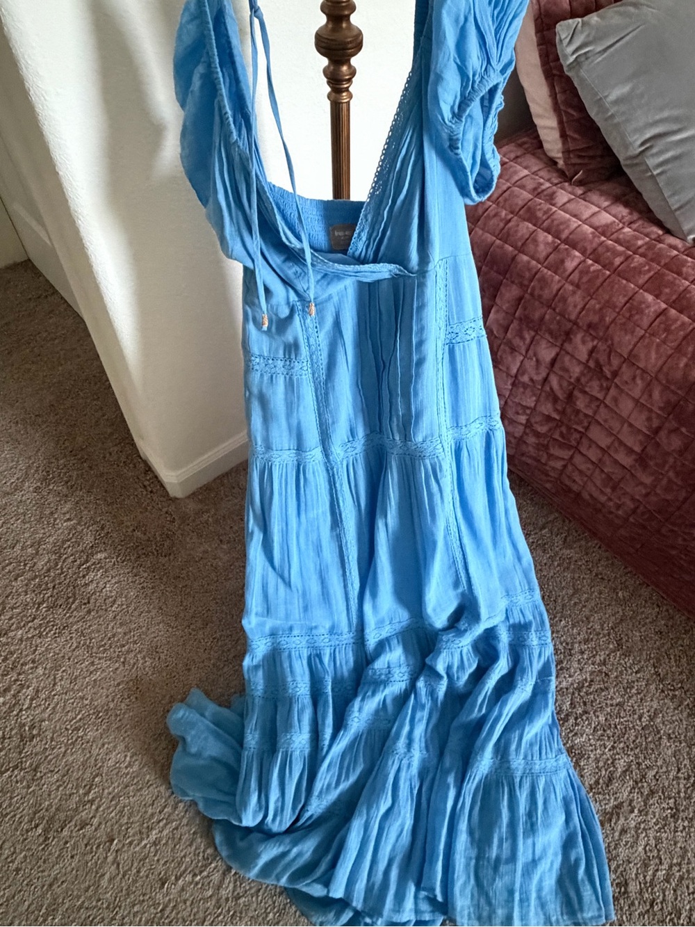 Free People Sky Blue V‑Neck Puff Sleeve Maxi Dress